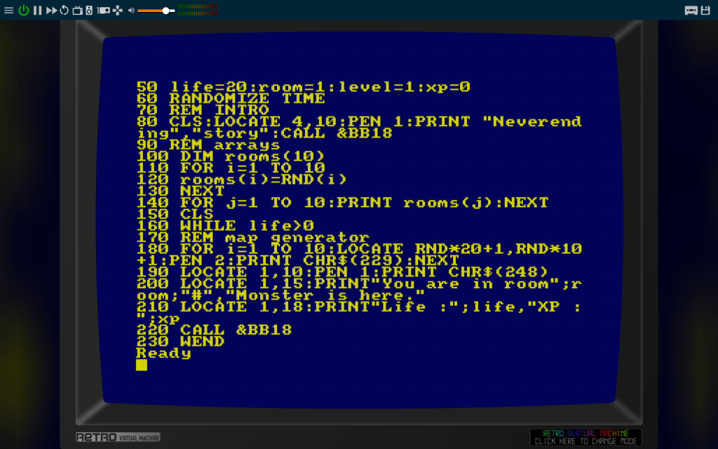BASIC sur Amstrad CPC via l'émulateur Retro Virtual Engine